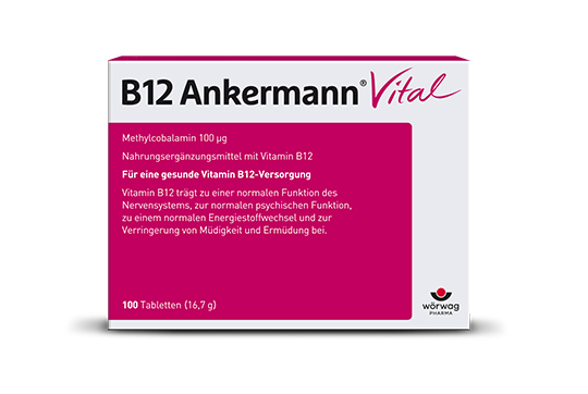 Die pink-weiße Verpackung der B12 Ankermann Vital Tabletten enthält Methylcobalamin zur Unterstützung der Nerven- und Energieversorgung.